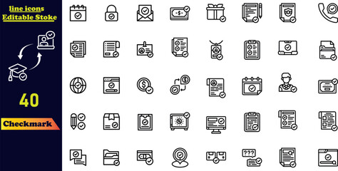 Checkmark stroke icon collection featuring icons for check, accept, agree, select, confirm, approve, correct, complete, checklist, and verified. Outline stroke icon set.