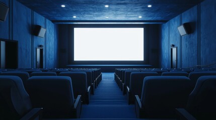 Fototapeta premium Empty cinema auditorium in blue color with white blank screen. Mockup of hall