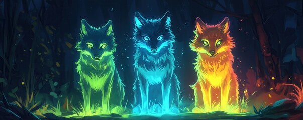 A mystical painting of three glowing wolves in neon colors--green, blue, and orange--sitting in a dark forest, creating a magical atmosphere.