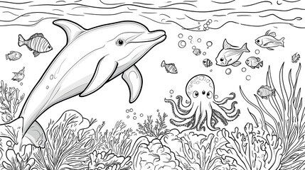 An Underwater Scene with Dolphin, Octopus, and Fish Swimming Among Seaweed and Coral for Children to Color