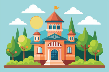 A vibrant depiction of an orphanage nestled in a lush forest, under a bright sun and playful clouds, Customizable semi-flat illustration for orphanage.