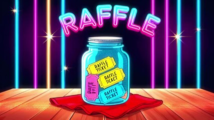 A glass jar filled with raffle tickets sits on a wooden table with a red napkin, illuminated by neon lights.