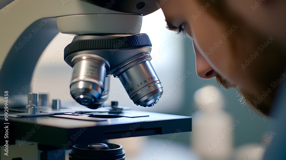 Poster close-up of a scientist looking through a microscope