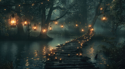 Naklejka premium Old wooden bridge over a dark swamp with glowing lanterns hanging from the trees. Generative AI.