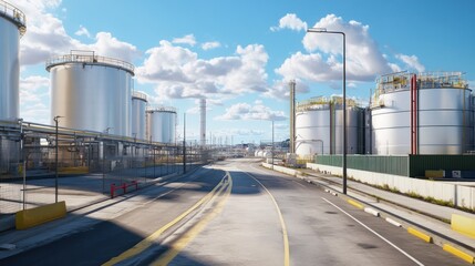 Obraz premium A wide industrial road lined with large storage tanks under a blue sky with clouds.