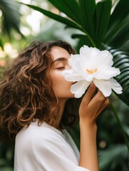 Naklejka premium A woman with curly hair gently kisses a large white flower in a lush green setting.
