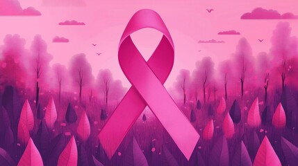 Pink ribbon symbolizing breast cancer awareness surrounded by pink floral background. Inspirational and supportive  image for health campaigns.