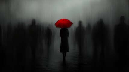 A lonely woman holding a red umbrella appears particularly clear in the blurry black and white crowd, highlighting her sense of isolation.