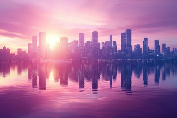 Obraz premium Cityscape Silhouette Reflecting in Calm Water at Sunset