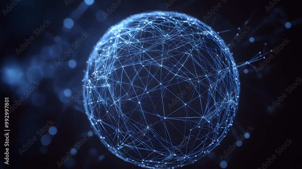 Poster abstract blue sphere with interconnected lines and nodes
