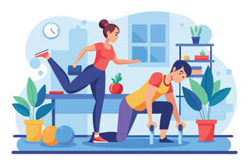 Two individuals engage in a workout, with one coaching the other in a bright home gym atmosphere, Customizable Semi Flat Illustration for Oral Care