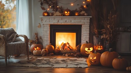 Obraz premium Daytime minimalist living room with pumpkins, a glowing fireplace, and soft Halloween decor. The light from the fire is the focal point. No people.