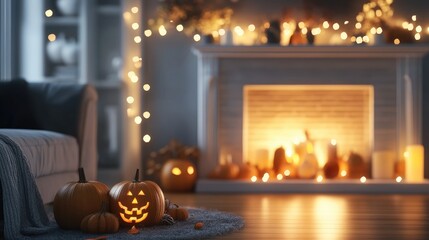 Obraz premium Daytime minimalist living room with pumpkins, a glowing fireplace, and soft Halloween decor. The light from the fire is the focal point. No people.