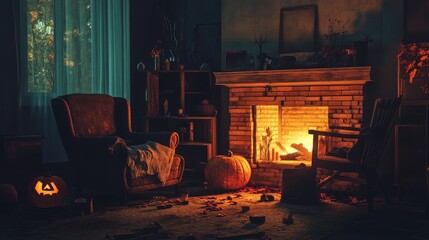 Halloween atmosphere in a damaged living room, glowing fireplace with flickering light, broken furniture, and eerie shadows. Focal point on the light. No people.