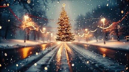 Naklejka premium Christmas, a festively decorated road and a Christmas tree. Generative AI.