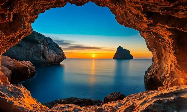 Es Vedra islet at sunset from Ibiza cave