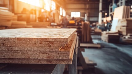 A woodworking workshop with stacked wooden panels ready for processing.