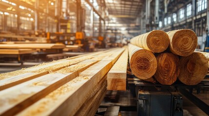 A lumber processing facility with stacked wooden logs and planks.
