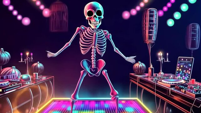 Skeleton DJ performing in a vibrant nightclub with neon lights and a colorful dance floor, 4K video