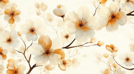 Delicate white flowers with soft edges and rounded corners on brown stems, set against a light cream background, showcasing a watercolor floral design with a calming and natural aesthetic.