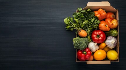 A box of fresh vegetables and fruits including bell peppers, broccoli, garlic, and carrots, arranged attractively on a dark textured surface.
