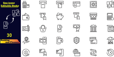 Banking and Finance editable stroke icon collection, featuring icons for bank, currency exchange, cheque, security guard, money transfer, loan, and mobile banking. Editable outline icon set.