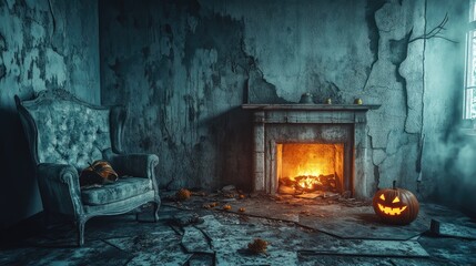 Simple Halloween atmosphere in a broken living room with a fireplace, cracks in the walls, and a soft glow from the fire. Focal point on the light. No people.