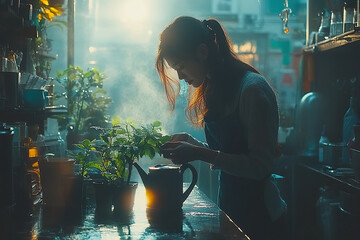 young florist, arranging her pots in the back room.