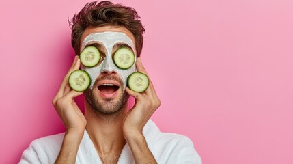 A playful man wearing a white facial mask and cucumber slices over his eyes poses with a joyful expression. Fun and self-care concept.