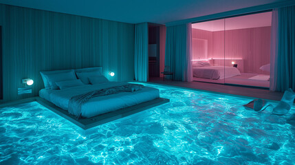 Modern Bedroom with Indoor Pool and Floating Bed