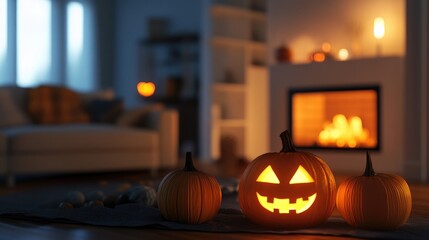Obraz premium Simple Halloween atmosphere in a minimalist living room, pumpkins and a glowing fireplace during the day. Focal point on the soft light. No people.