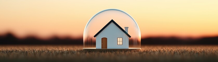A house icon resting under a protective glass dome, softly lit by the sunlight streaming through an office window. Minimalistic, peaceful. 3D render, top view with room for text.