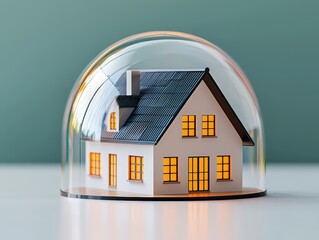 A house figurine under a glowing protective bubble, resting on a clean white desk in a brightly lit modern office. Minimalistic, peaceful. 3D render, top view with space for text.