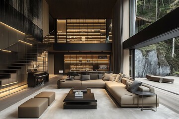 Obraz premium Modern living room with elegant design and natural elements.