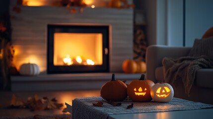 Obraz premium Simple Halloween decor in a minimalist living room, fireplace glowing softly, pumpkins on the table. Focal point on the fireplace light. No people.