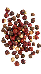 Obraz premium Overhead shot of assorted whole peppercorns, showcasing red and black peppercorns perfect for culinary use and culinary spice enthusiasts.