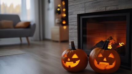Simple Halloween touch in a minimalist living room, pumpkins by a glowing fireplace, soft light during the day. Focal point on the light. No people.