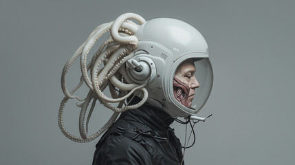 Surreal Portrait of a Humanoid with Octopus Tentacles in a Space Suit