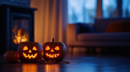 Simple Halloween touch in a minimalist living room, pumpkins by a glowing fireplace, soft light during the day. Focal point on the light. No people.