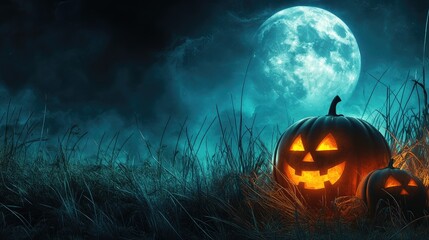 Fototapeta premium Spooky Halloween pumpkins glowing among tall grass under the full moon. Large space for text in the dark sky. No logo.