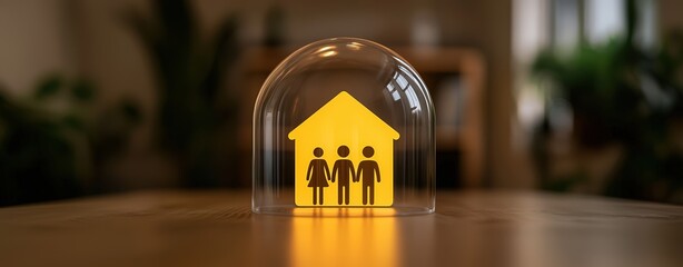 A family icon under a protective dome, softly lit by the natural light coming through large windows in a minimalist workspace