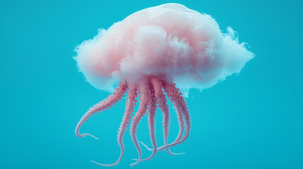 Pink Octopus with Cotton Candy Cloud: Surreal Digital Art