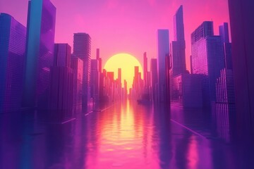Sunset over a futuristic city with neon lights reflected in the water