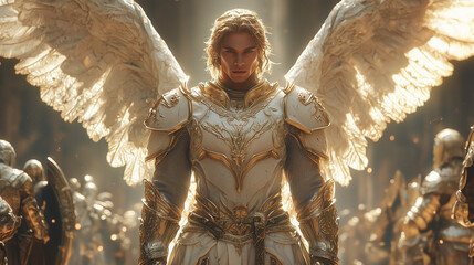 angelic prince stands in sunlit glory, his golden armor reflecting the light of a thousand suns