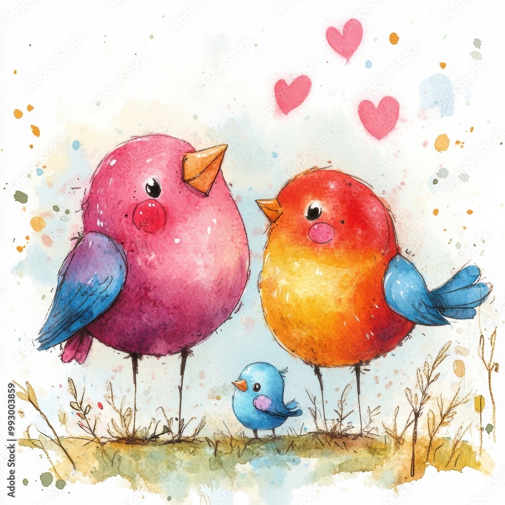 Canvas Prints Bird Family Watercolor.