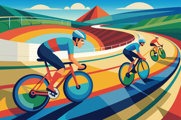 Three cyclists compete energetically on a colorful track surrounded by rolling hills and mountains, Customizable semi-flat illustration for track cycling.