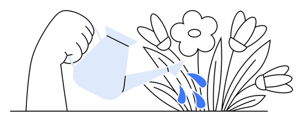 Hand holding watering can, pouring water on flowers and leaves. Light blue and black colors. Ideal for gardening, environment, sustainability, nature, and plant care themes. Simple line drawing.