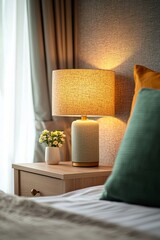 A Nightstand With A Small Lamp Providing Soft Light For Nighttime Reading. The Gentle Illumination Creates A Relaxing Bedtime