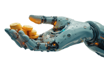 Robotic hand holding stacks of coins. Transparent background png.