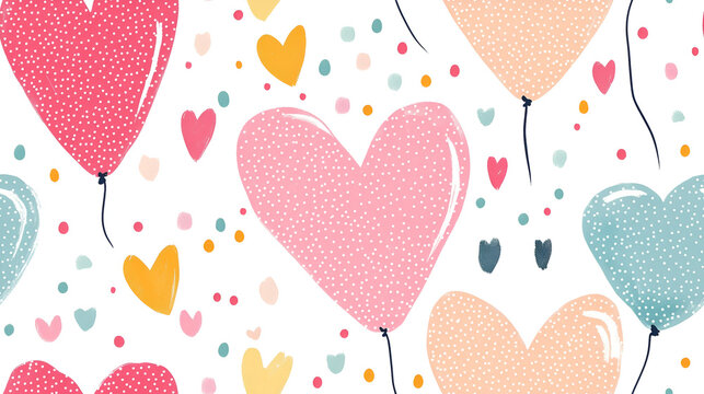 Colorful Pastel Hearts with Dots In Repeated Surface Watercolor Background, Valentine Seamless Pattern Swatch, Simple Delicate Drawn Heart Background.